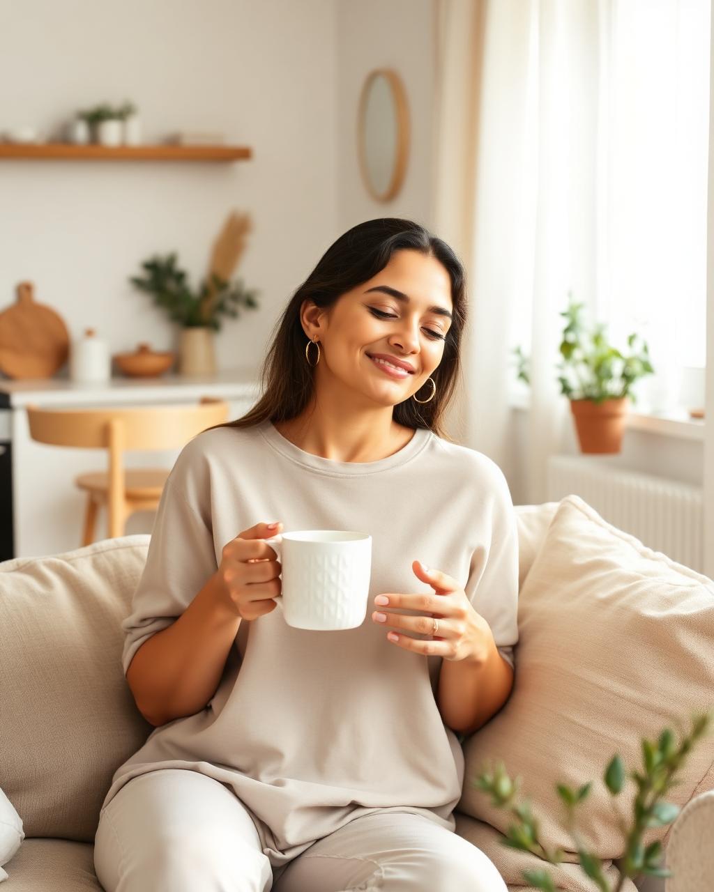 Mujer descansando con una taza en su living
